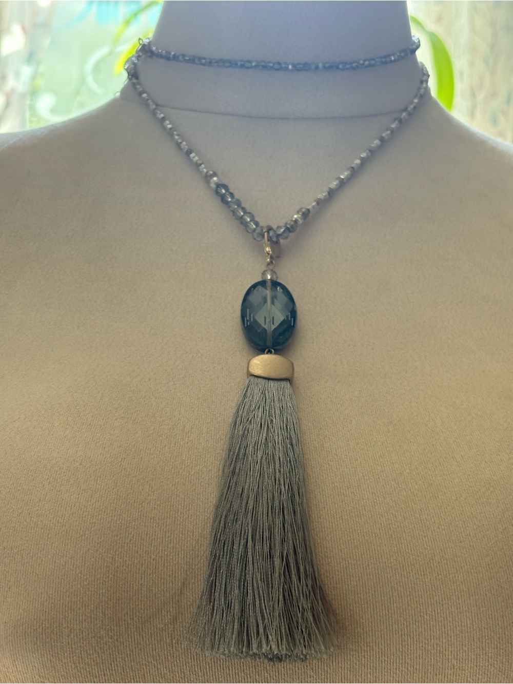 Premier Designs Gray Beaded Tassel Necklace